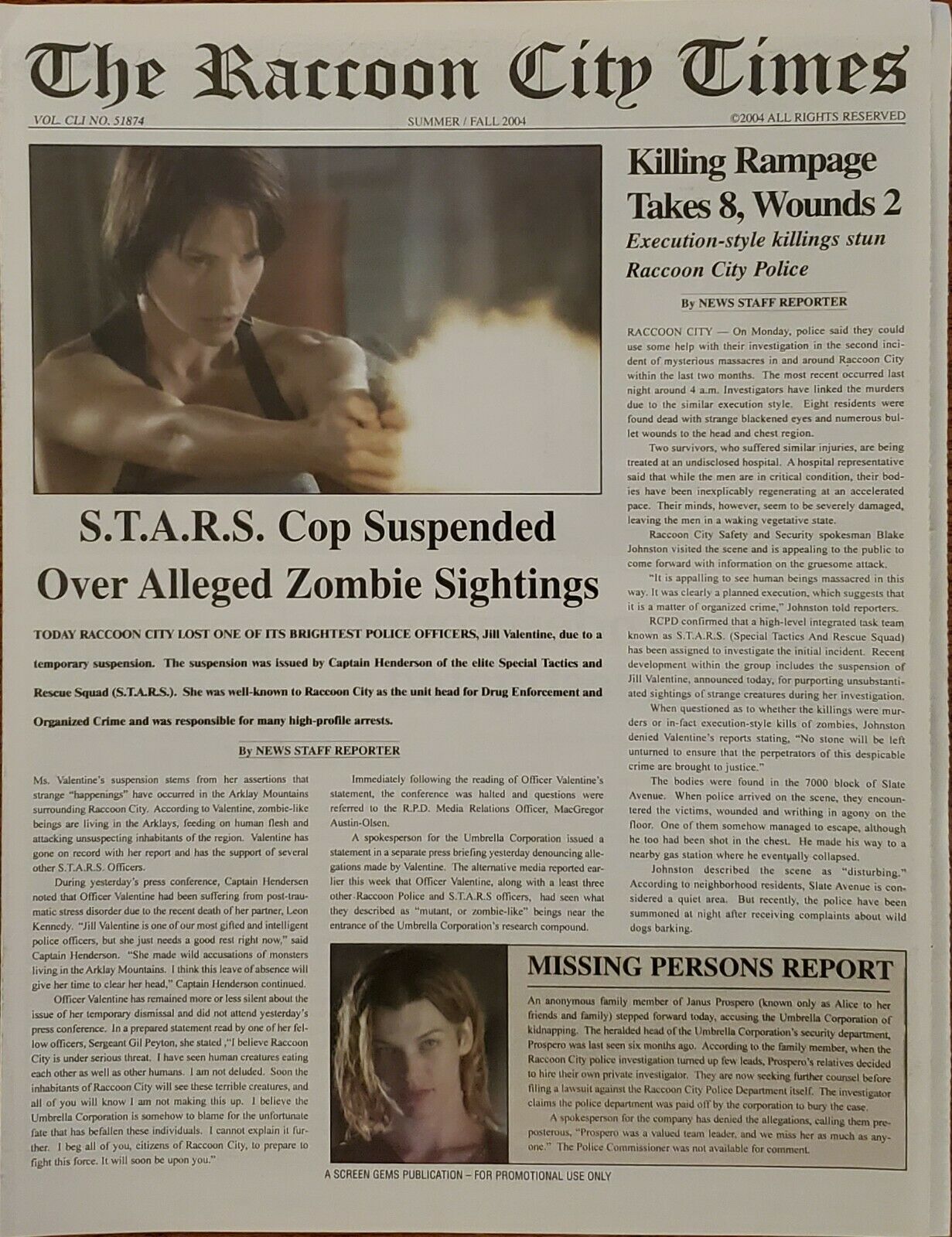 Mint 2004 Resident Evil Apocalypse Poster And Promo Newspaper Raccoon City Times