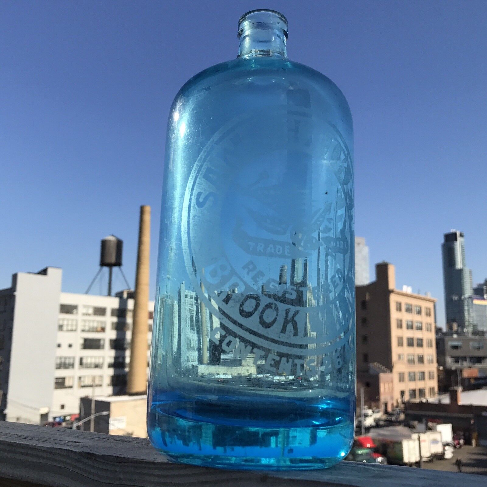 Vtg Blue Etched Sam Chaiken Brooklyn, N.y. Siphon Bottle Made In Czechoslovakia