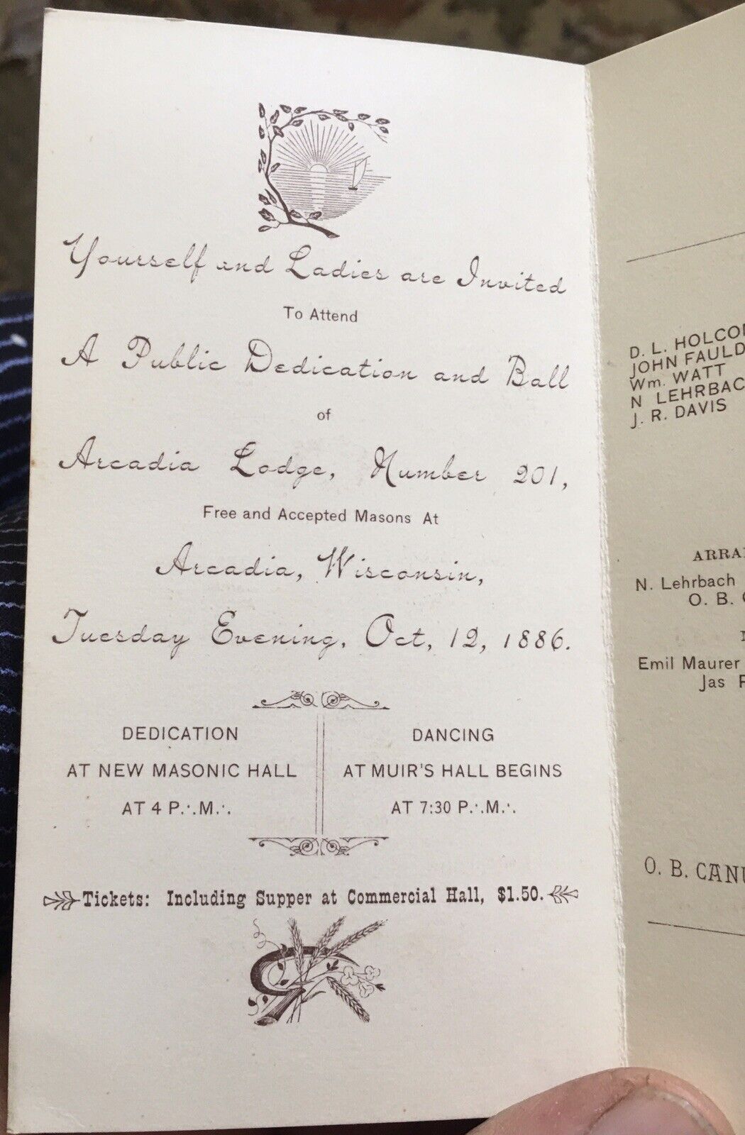 October 1886 Arcadia, Wisconsin Masonic Hall Public Dedication & Ball Invitation