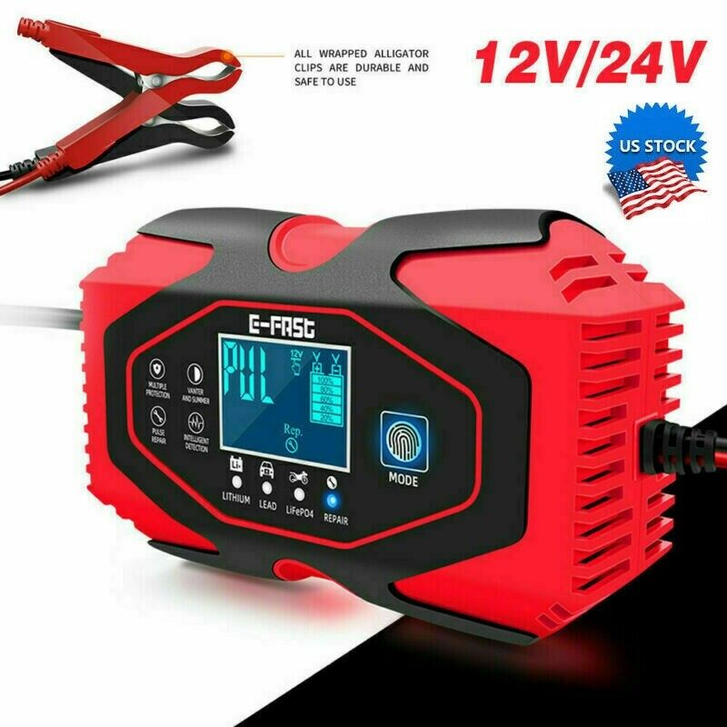 Us 12v/24v Car Battery Charger Smart Automatic Pulse Repair Motorcycle Lcd