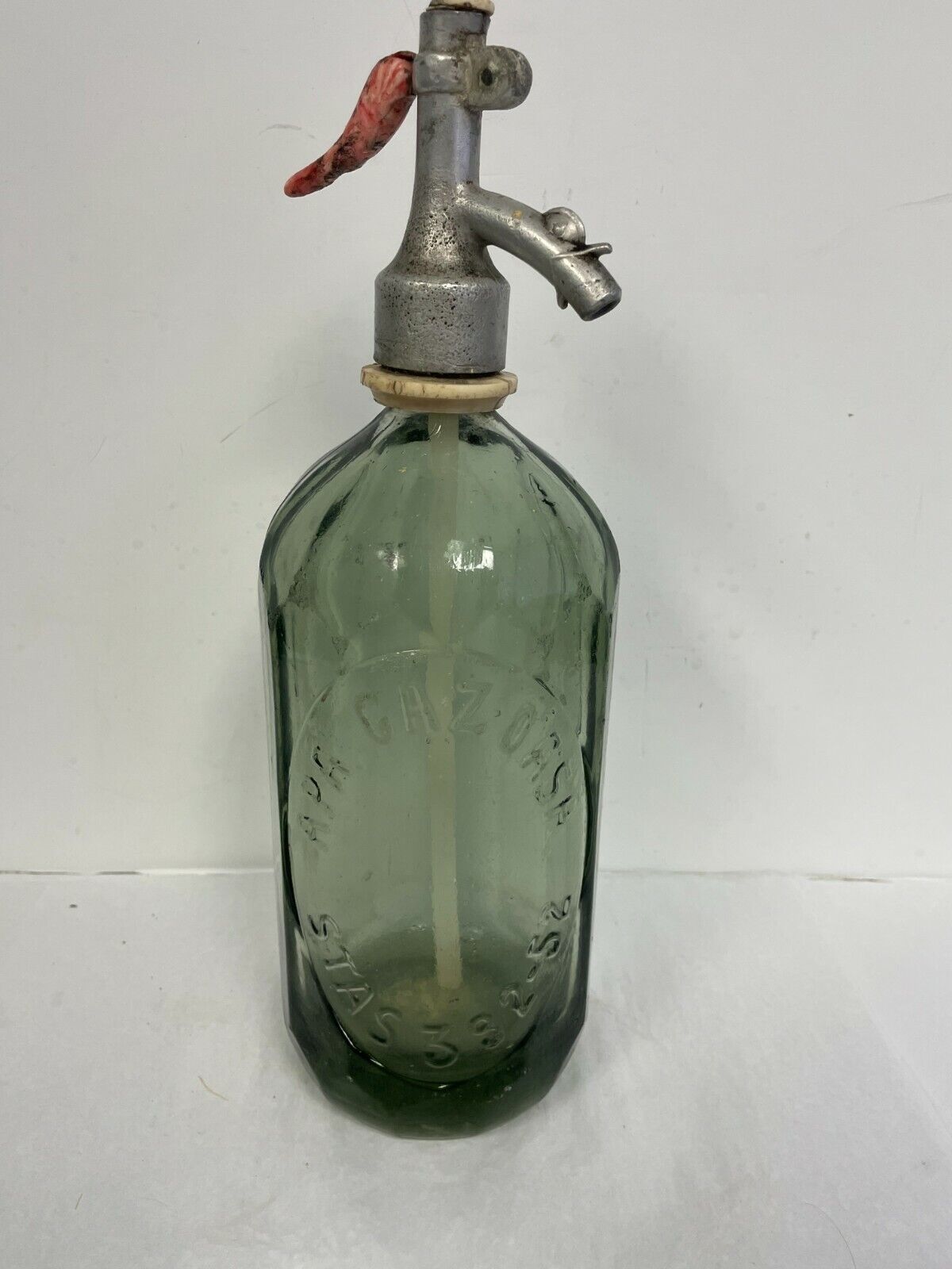 Green Glass Embossed Seltzer Bottle Apa Gazoasa E Stas 392-52 Romania Decanter
