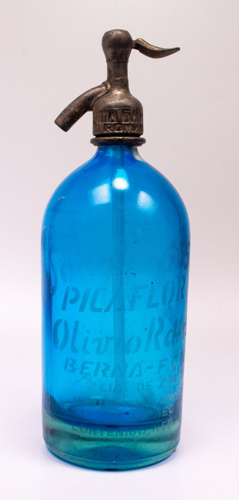 Aqua Blue Etched Glass Seltzer Soda Bottle Argentina Pacaflor Olivio Ramseys