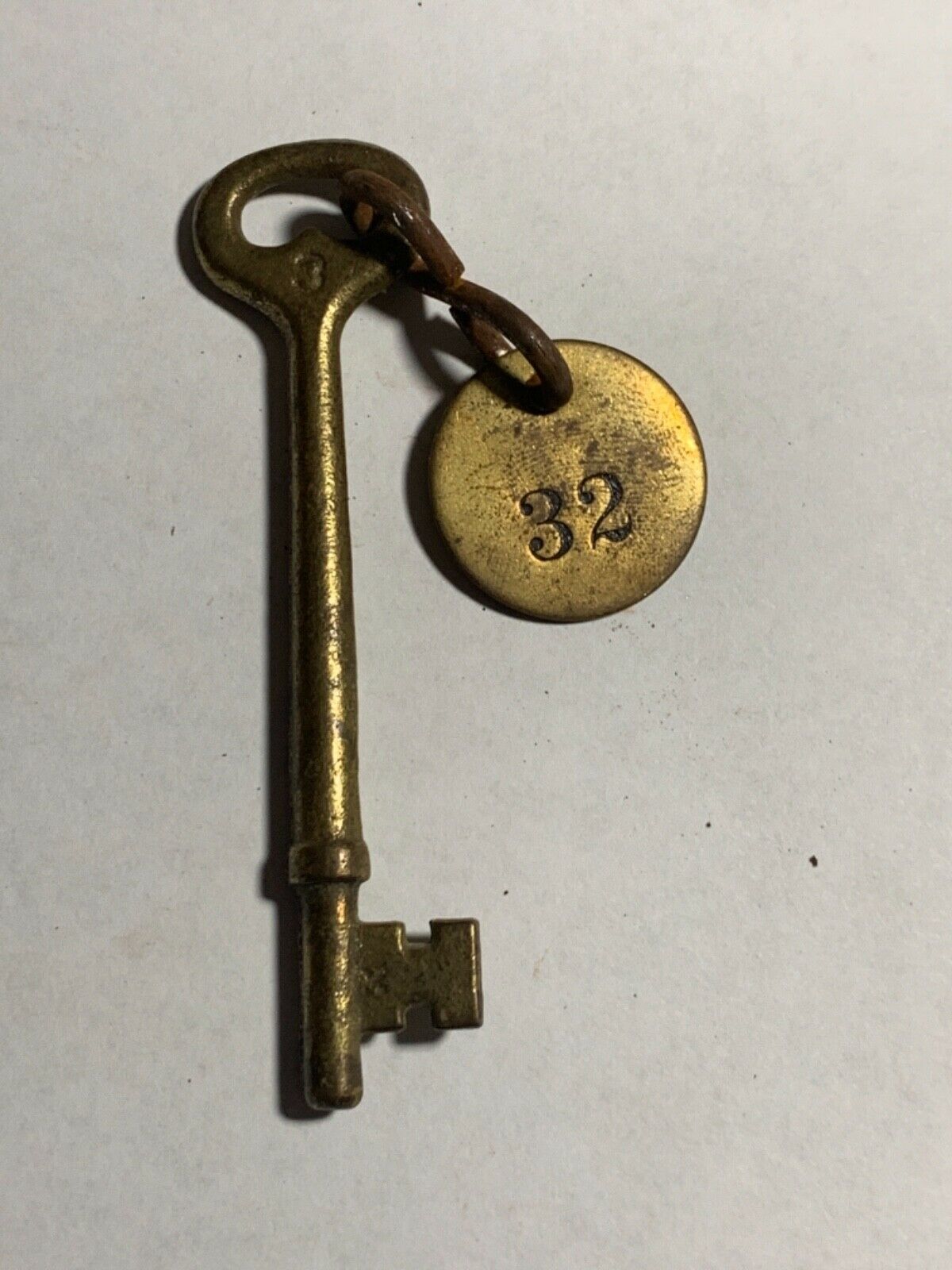 Vintage Antique Hotel Motel Room Key Brass Fob With Skeleton Key #32 1920's-30's