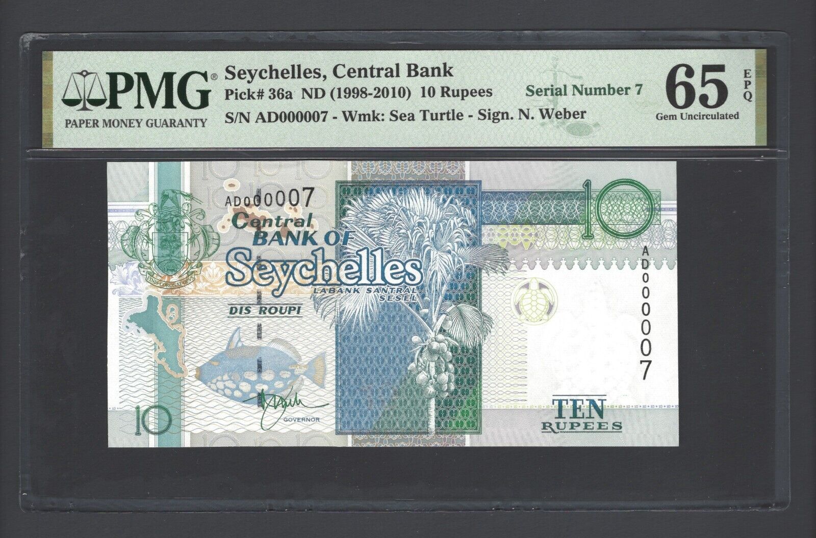 Seychelles 10 Rupees Nd(1998-2010) P36a N000007 Uncirculated Grade 65