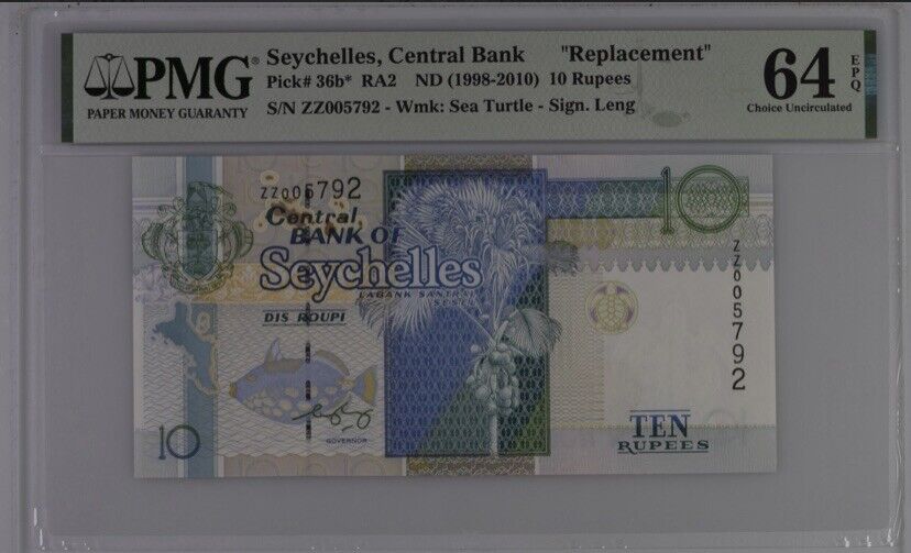 Seychelles, Central Bank ""replacement"", 10 Rupees Ra2 Nd (1998-2010) Note #: S
