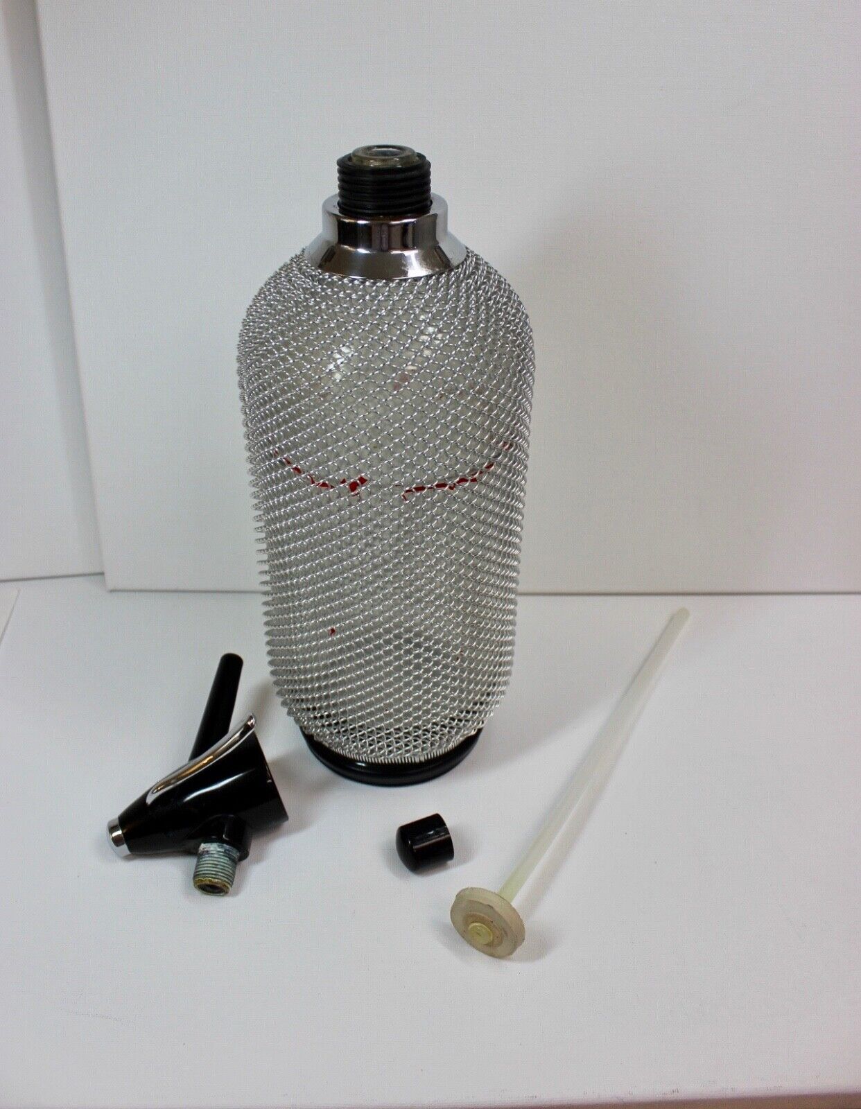 Wire Mesh Covered Seltzer Soda Syphon Bottle Dispenser Glass Bar Decor