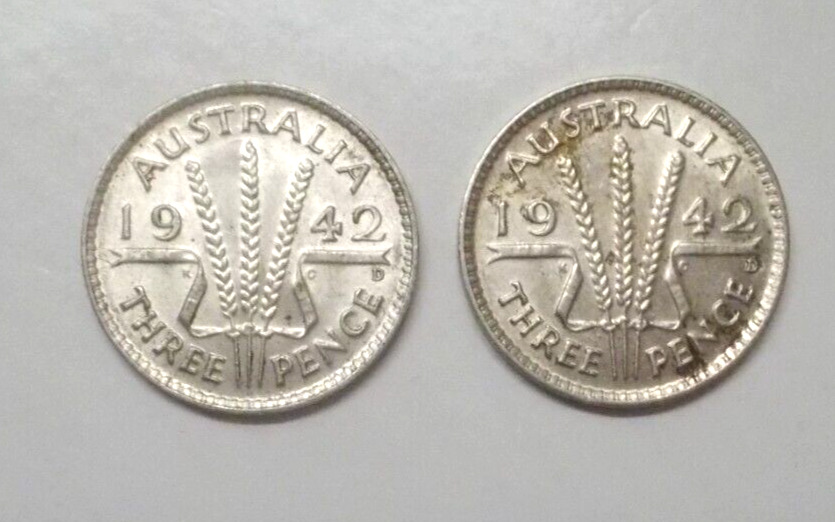 2~ 1942 D Australia Threepence Km# 37 .925 Silver Coins