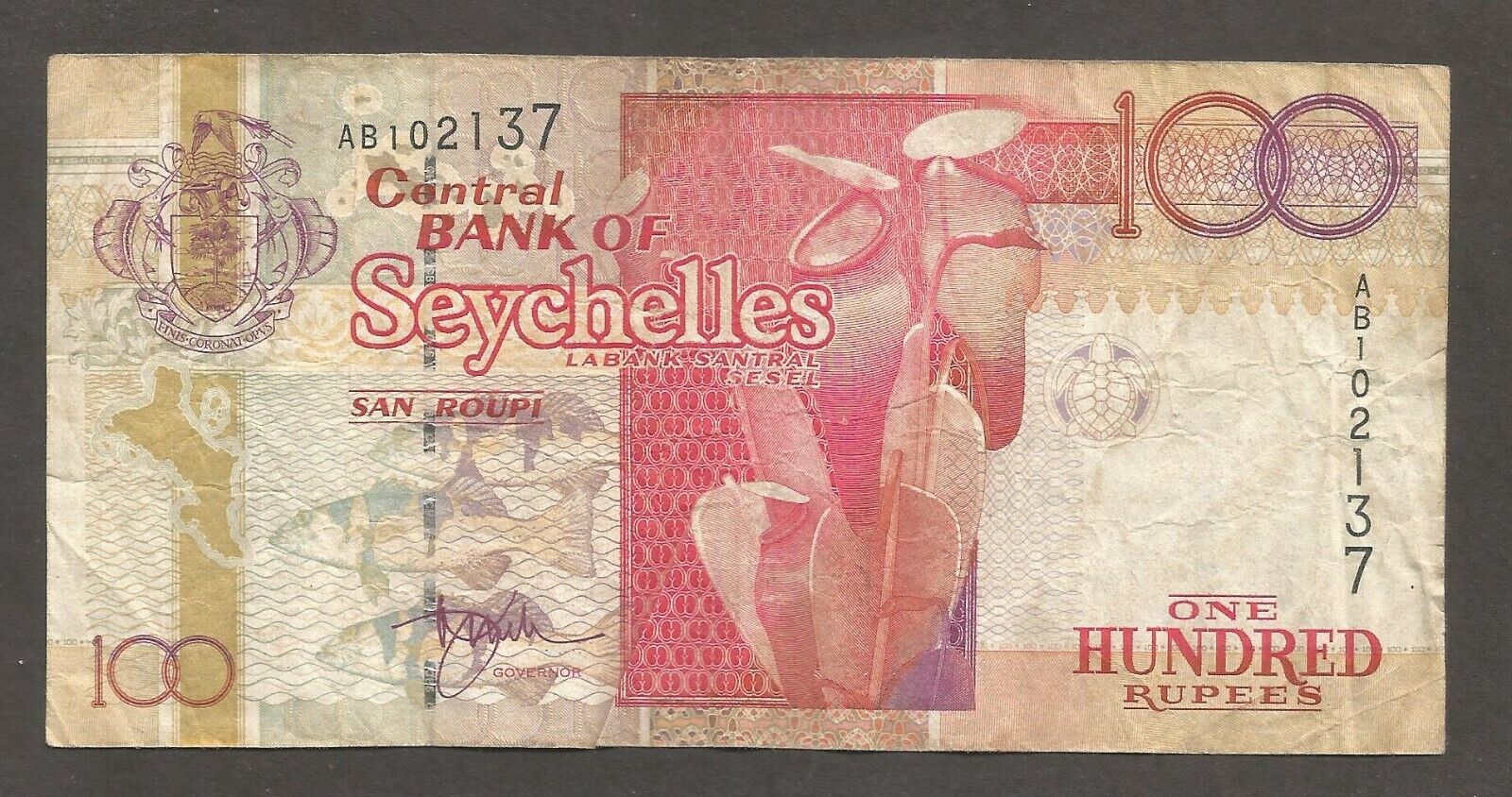Seychelles 100 Rupees N.d. (1998); Vg+; P-39, L-b412a; Fish; Turtle; Bird