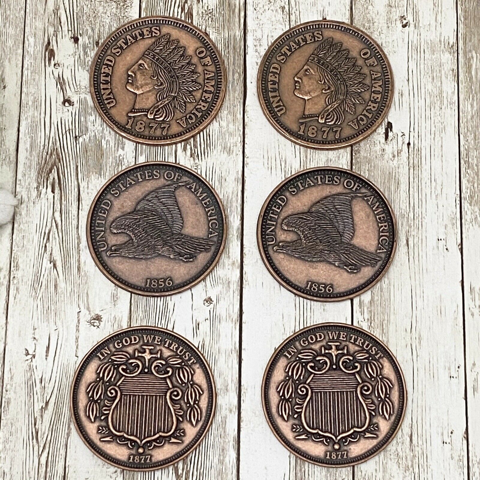 Vintage 3" Large Novelty Coins Paperweight Coaster Set Penny Nickel Eagle Indian
