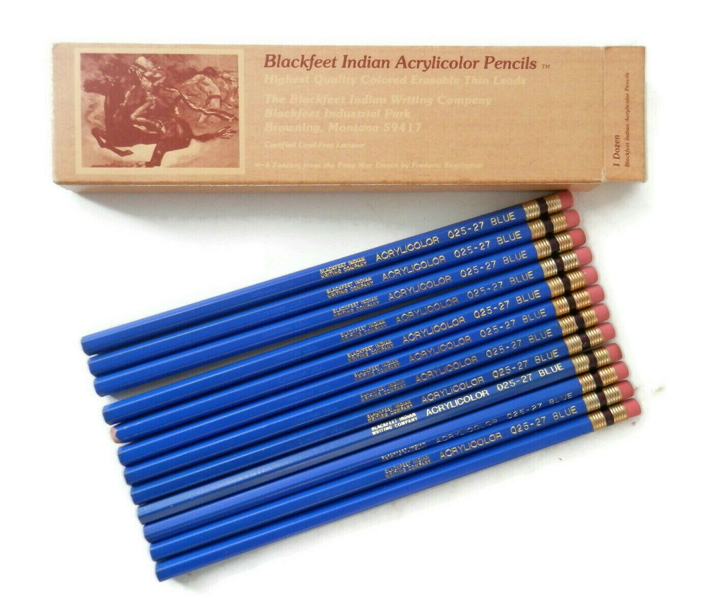 Vintage Unused Blue Pencils Blackfeet Indian  Acrylicolor W/original Box 025-27