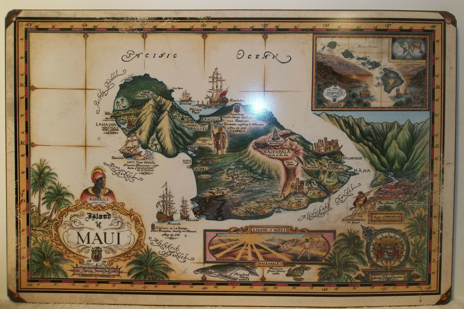 Vintage Hawaii Maui Tin Map Sign Wall Hanging