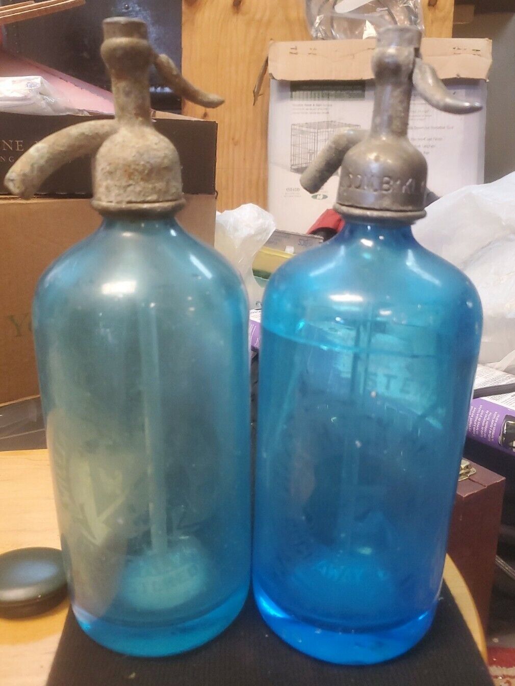 2 - Vintage Seltzer Bottle Blue Brooklyn,ny And Rockaway Beach Damaged!